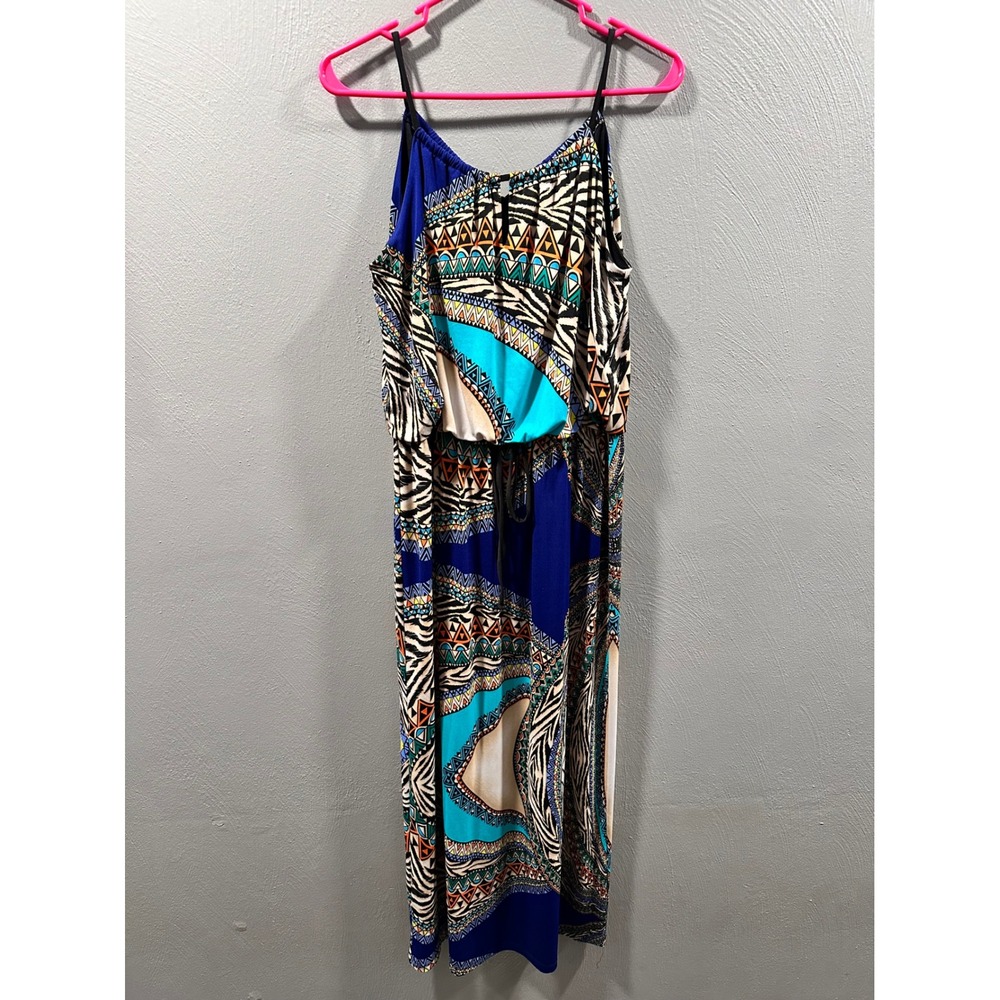 En Focus Studio Women 12 Blue Tribal Zebra Print Blouson Maxi Dress Sleeveless